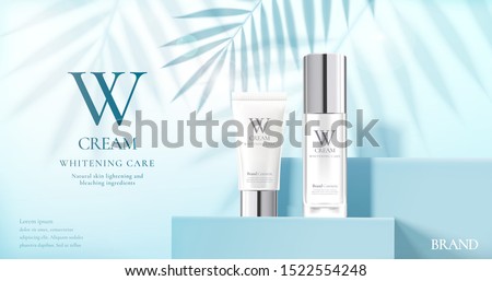 Skin care product set ads with white bottles on blue square podium stage and palm leaves shadows in 3d illustration Stock foto © 