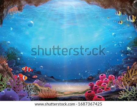 Natural ocean bottom background with colorful coral reef and abundant marine life, 3d illustration