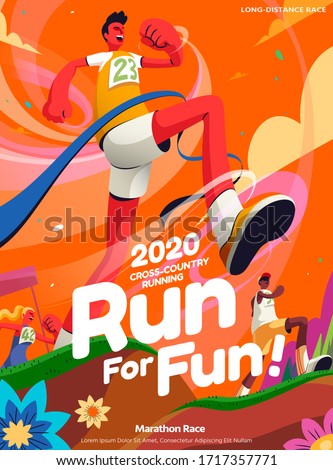 Lively cross-country running event poster in orange tone with a man crossing the finish line