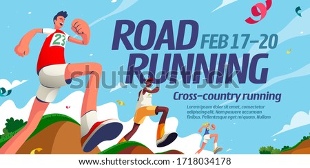 Road running event banner design with energetic competitors crossing different terrains