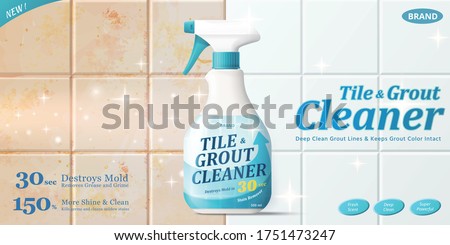 Ad template for tile cleaner, before and after detergent cleaning effect with bottle mock-up in the middle, 3d illustration