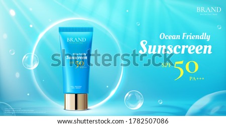 3d illustration of beauty product ad template, sunscreen mock-up surrounded by sun halo on ocean blue background, ocean friendly concept