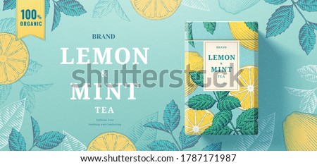 Lemon mint tea paper can packaging lying on exquisite engraving banner background