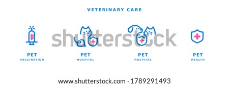 Pet health care line labels set in blue color with dog, cat, shield and syringe elements