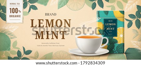 Lemon mint tea banner ads with engraving ingredients frame, 3d illustration tea cup and packaging
