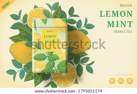 Lemon mint tea ads with engraving ingredients background on beige background, 3d illustration yellow and mint color packaging