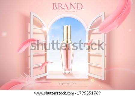 Ad template for beauty product, bottle mock-up set by pink window with flying feathers, concept of young and feminine, 3d illustration