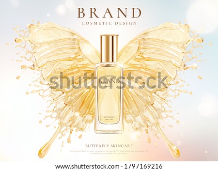 Skincare cosmetic bottle over water splash butterfly design element in 3d illustration