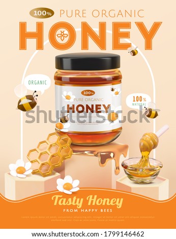 Organic honey ad template, glass jar mock-up set on podium with arch and honeycomb, 3d illustration