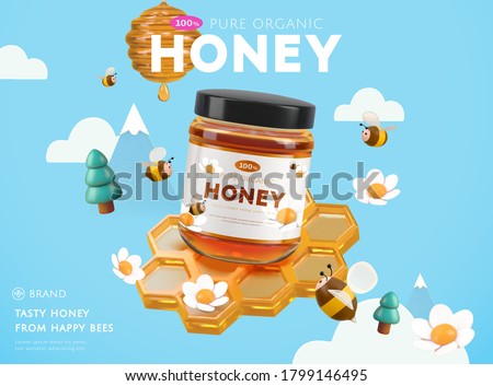 Sweet honey ad template, golden honeycomb with cute bees and trees on sky blue background, 3d illustration