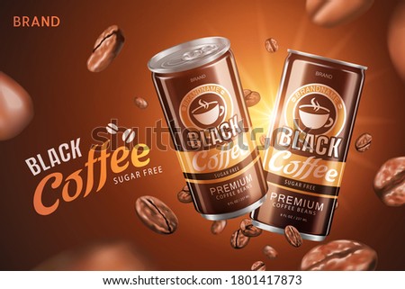 Sugar free black coffee promo design in 3d illustration with roasted coffee beans flying on brown background