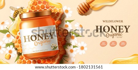 3d Organic honey product with honey dipper and honeybee on jar with honeycomb design. Illustration with wildflowers on beige background