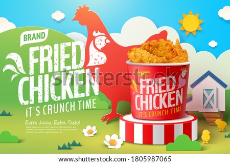 Delicious fried chicken in 3d illustration with farm theme background in paper cut design