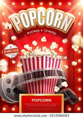Classic buttery and crunchy popcorn ads with film roll on red background, 3d illustration