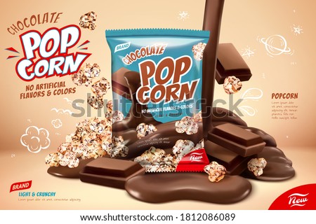 Chocolate popcorn ad, pouring liquid chocolate on popcorns and chocolate pieces design element in 3d illustration