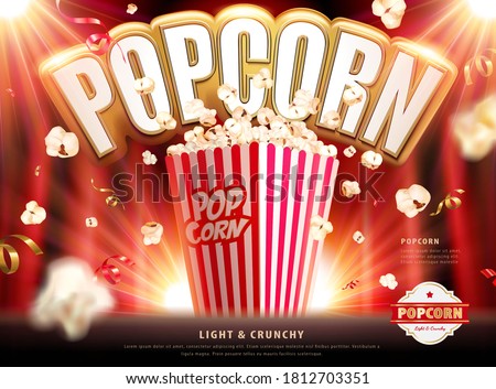 Light and crunchy popcorn ads with confetti and popcorn falling around on red background in 3d illustration
