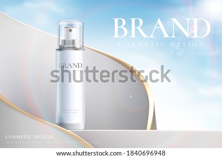 Cosmetic ads template, 3D illustration cosmetic mockup upon a stage against surreal sky background and sunlight