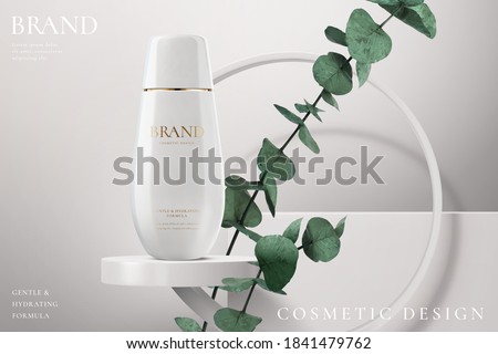 Hydration cosmetic cream on a white stage with plant in 3d illustration. Beauty cream ads template.