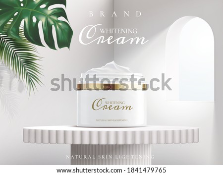 Whitening cream in package on a white stand with light coming in through a window and tropical plants , 3d illustration for cosmetic ads.