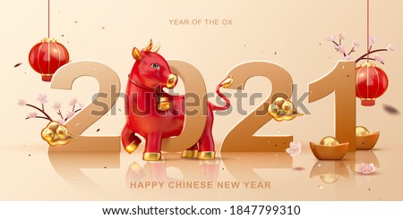 Cute 3d illustration red ox walking through 2021 with floral, hanging lanterns decorations