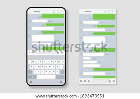 SMS interface mockup on smartphone with speech bubbles and keyboard