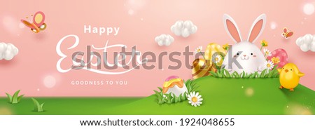 3d creative Easter egg hunt banner. Cute Easter eggs hidden in the grass. Concept of holiday activity for kids.