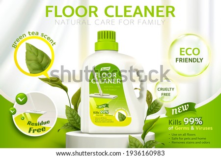 Floor cleaner ads, product package design on a stage with several efficacies and green leaves in 3d illustration