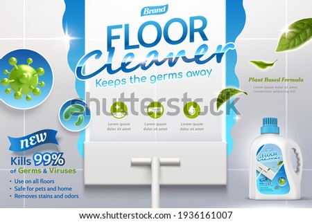 3d illustration of a realistic mop cleaning dirty floor to shine using disinfectant cleaner with germs in closeup and leaves flying. Advertisement poster layout of a floor cleaner with package design.