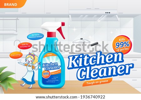 Kitchen cleaner spray ad template, realistic spray bottle with cartoon woman on table, 3d illustration. Surface cleaner bottle in home kitchen.