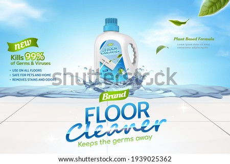 Floor cleaner ads, plant based formula of cleaner liquid with leaves elements and splashing water on tiled floor in 3d illustration, against sky background.