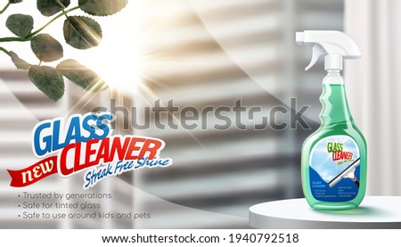 Glass cleaner ad in 3D illustration. Cleaner spray bottle package in stage against window and blur skyscrapers background