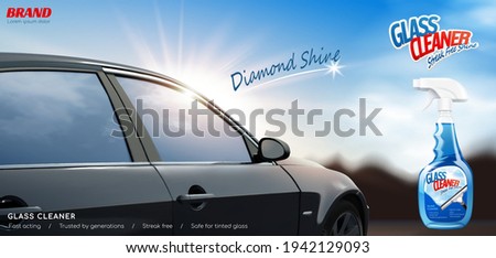 Glass cleaner ad banner. 3D illustration of a realistic car outdoors on a bright sunny day with cleaner spray bottle package