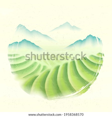 Colorful Chinese ink painting. Illustration of tea plantation and mountains.