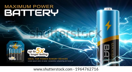 3d Li-Ion AA battery discharging and its electric waves. Banner advertisement designed on a blue-black background