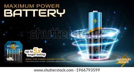 3d Li-Ion AA battery surrounded by glowing halos. Banner advertisement designed on a blue-black background