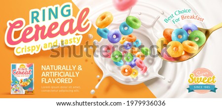 3d illustration of multicolor ring cereal falling into milk from a spoon. Ring cereal advertisement banner