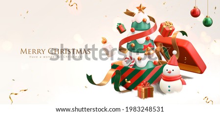 3d Christmas banner. A Xmas tree in gift box with ornaments around the white background