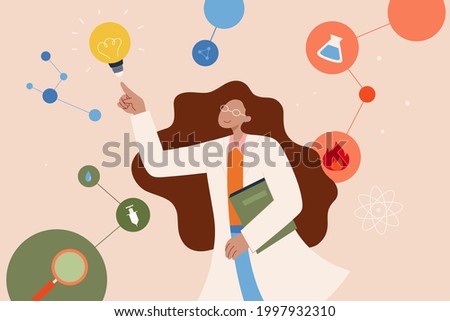 Female scientist at work. Flat illustration of a woman researcher coming up new idea in biomedicine field after several types of research and experiments