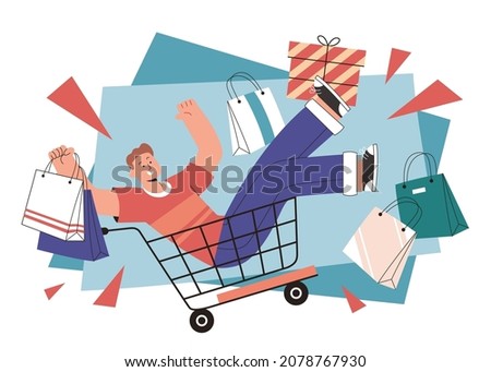 Man in cart on shopping fest in flat style illustration. Cheerful man with a lot of shopping bags riding a shopping trolley