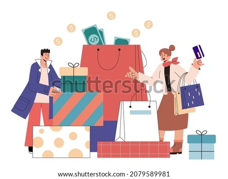 Couple going on a shopping spree in flat illustration. Shopaholics spending lots of money on double eleven to buy loads of shopping bags and gift boxes