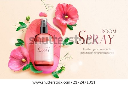 Floral scented air freshener ad. 3D Illustration of room spray bottle on a pink stone with hibiscus around in flat lay on beige background