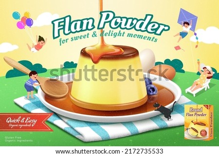 Flan powder ad. Illustration of a 3D custard pudding on plate drizzled with caramel syrup with miniature kids playing around the dessert on picnic plaid on grass background