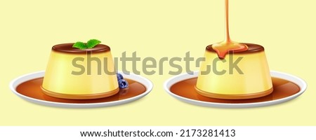 Two custard puddings on plates isolated on yellow background. One with topped mint leaves and served with blueberries, and the other drizzled with caramel syrup