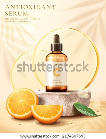 Summer vitamin C cosmetic product ad template. 3d dropper bottle mock-up displayed on sandstone stage with circle glass disks and citrus fruit.