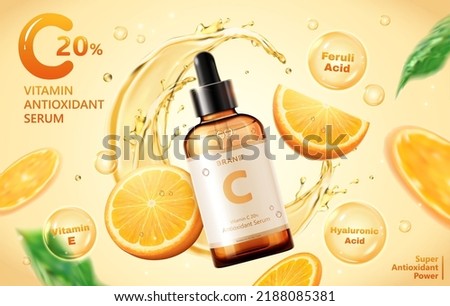 3d illustration of ultra hydrating facial serum ad, designed dropper bottle over sliced tangerine floating and liquid splash swirl in background. Skincare concept.