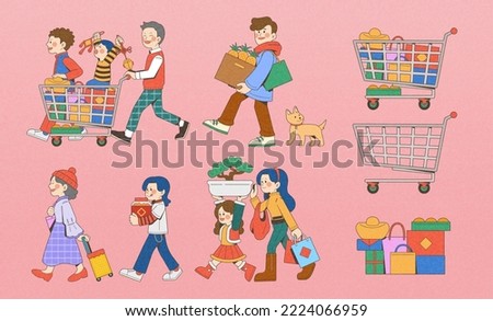Illustrated Chinese new year shopping family set isolated on pink background. Cute characters pushing cart or carrying groceries, pet cat, shopping cart, and all kinds of presents.