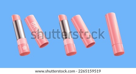 Cherry blossom tinted lip balm set isolated on blue background. Including pink tube with and without label, open lip balms and caps.