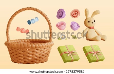 3D adorable Easter element set. Including basket, candies, gifts, roses, and corduroy bunny plushy.