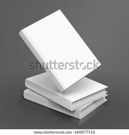 three right tilt blank white books, one floating, can be used as design element, isolated dark gray background, 3d illustration 