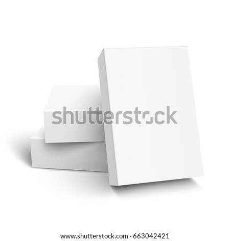 one blank paper box leaning on other two, 3d illustration, can be used as design element, isolated white background, elevated view